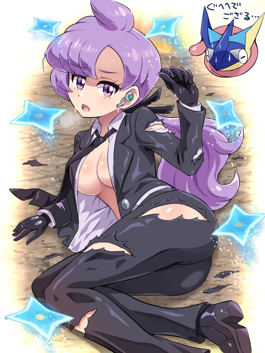 1girl absurdres anabel_(pokemon) black_footwear black_gloves black_jacket black_necktie black_pants breasts collared_shirt commentary dripping earpiece eyelashes gloves greninja highres jacket long_hair long_sleeves necktie open_clothes open_jacket open_mouth open_shirt pants pokemoa pokemon pokemon_(creature) pokemon_(game) pokemon_masters_ex pokemon_sm purple_eyes purple_hair shiny_skin shirt shoes shuriken symbol-only_commentary tongue torn_clothes torn_jacket torn_pants torn_shirt translation_request weapon wet