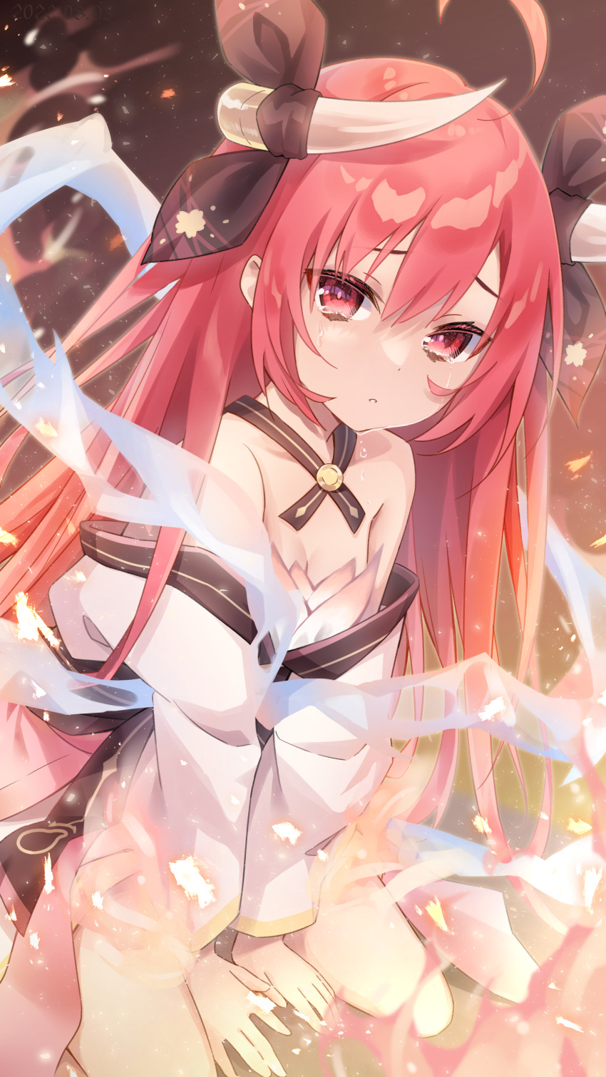 1girl absurdres ahoge bare_shoulders black_bow black_ribbon bow breasts date_a_live embers fire highres horn_ornament horn_ribbon horns itsuka_kotori japanese_clothes kimono kuro_leika00x long_hair looking_at_viewer obi off_shoulder red_eyes red_hair ribbon sash sidelocks small_breasts tears white_kimono