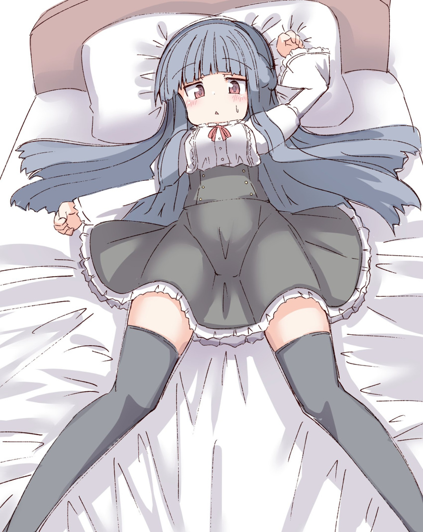 1girl arm_up bed_sheet black_skirt black_thighhighs blue_hair blush breasts chestnut_mouth clenched_hands frilled_shirt frilled_skirt frilled_sleeves frills highres idolmaster idolmaster_cinderella_girls juliet_sleeves long_hair long_sleeves looking_at_viewer lying on_bed pillow puffy_sleeves red_eyes red_ribbon ribbon sajo_yukimi shirt sidelocks skirt small_breasts solo sweat thighhighs thighs umberblack white_shirt zettai_ryouiki