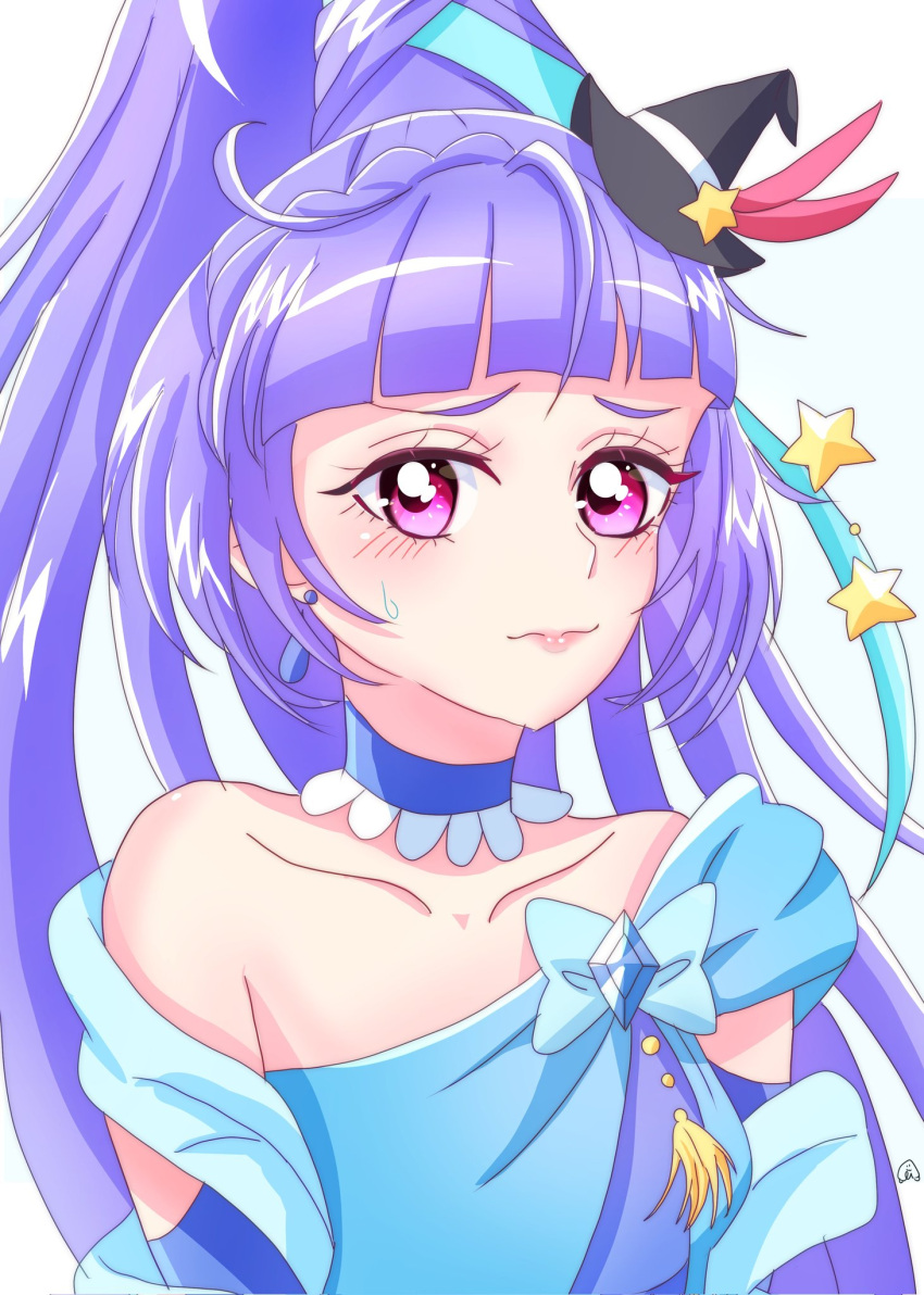 blue_choker blue_gemstone choker cure_magical cure_magical_(sapphire_style) folded_braid gem hat highres intertwined_hair izayoi_liko long_hair looking_at_viewer magical_girl mahou_girls_precure! mini_hat mini_witch_hat momotarouooi precure purple_eyes purple_hair upper_body witch_hat