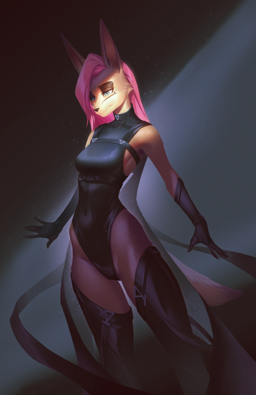 2023 anthro blue_eyes breasts canid canine canis clothed clothing digital_drawing_(artwork) digital_media_(artwork) female fingerless_gloves fox fur gloves hair handwear harness hi_res impreza leather leather_clothing legwear leotard looking_down mammal multicolored_body multicolored_fur pink_hair pinkerie shaded simple_background solo stockings tail