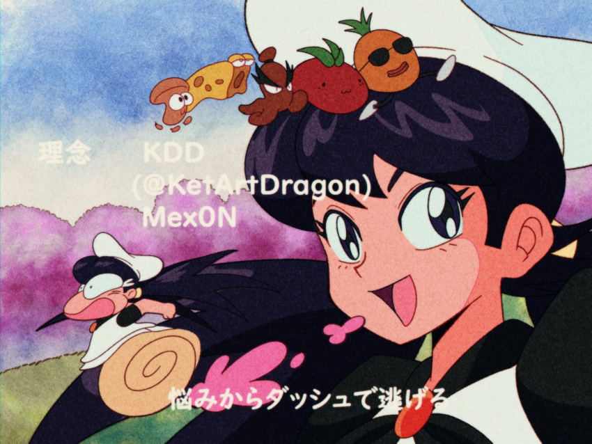 1990s_(style) 1girl :3 artist_name black_hair black_shirt black_undershirt borrowed_design brooch bulging_eyes c: cheese cheese_toppin_(pizza_tower) chef_hat cherry_blossoms chibi commentary dust_cloud english_commentary food fruit genderswap genderswap_(mtf) hat jewelry long_hair looking_at_viewer mex0n mushroom mushroom_toppin_(pizza_tower) open_mouth peppino_spaghetti pineapple pineapple_toppin_(pizza_tower) pizza_tower projected_inset red_brooch retro_artstyle sausage sausage_toppin_(pizza_tower) shirt smile sunglasses tears thick_eyebrows tomato tomato_toppin_(pizza_tower) tree twintails twitter_username undershirt upper_body very_long_hair wheel_o_feet white_shirt