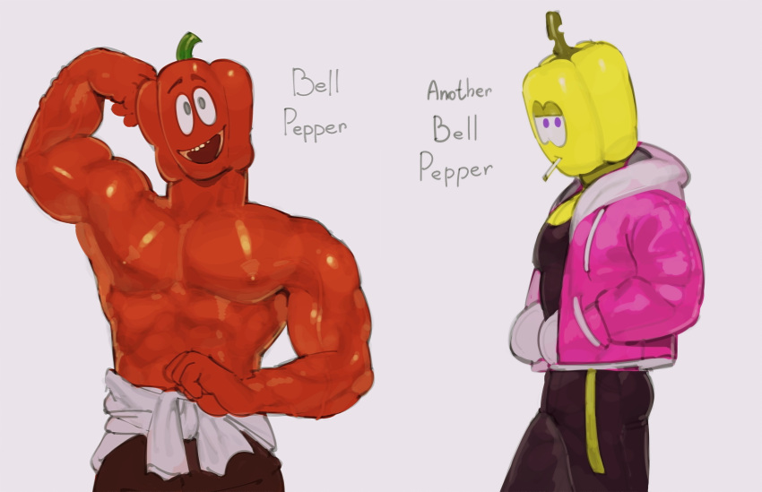 2023 abs absurd_res bell_pepper biceps biped bottomwear butt clothed clothing digital_media_(artwork) duo elemental_creature elemental_humanoid english_text eyebrows flora_fauna food food_creature food_humanoid fruit fruit_humanoid hi_res humanoid kogito living_fruit male muscular muscular_humanoid muscular_male nipples not_furry open_mouth open_smile pants pecs pepper_(fruit) plant plant_humanoid red_body shirt simple_background smile standing sweater teeth text topless topwear yellow_body