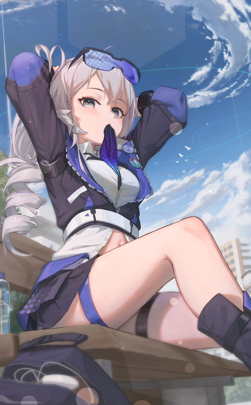 1girl absurdres arm_behind_head aton_(user_kufr5245) black_footwear bottle cloud cloudy_sky crossed_bangs day drill_hair eyewear_on_head grey_eyes grey_hair highres honkai:_star_rail honkai_(series) leg_up long_hair long_sleeves looking_at_viewer mouth_hold navel on_bench outdoors ponytail silver_wolf_(honkai:_star_rail) sitting sky solo thigh_strap thighs