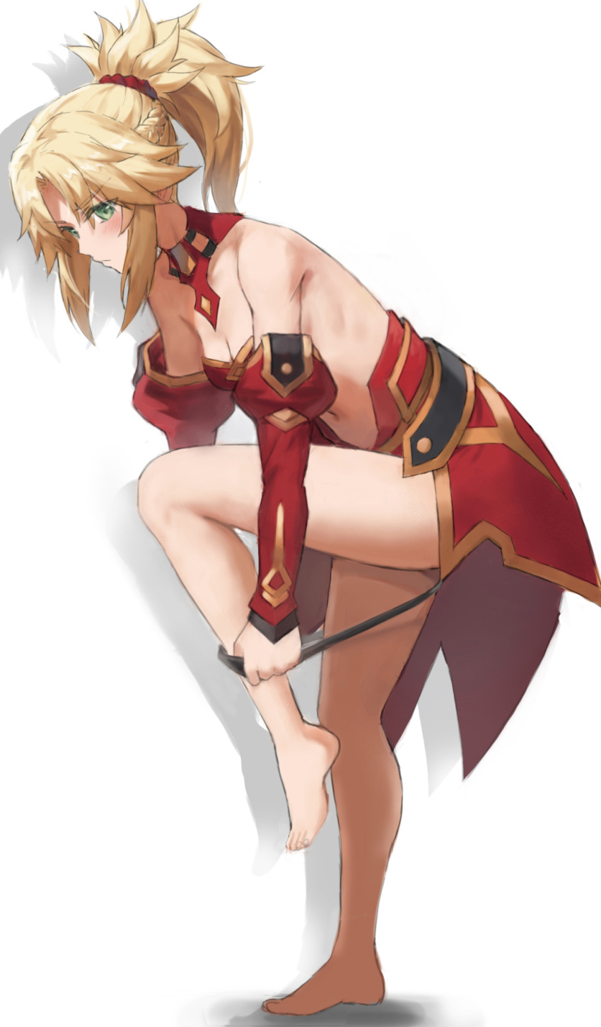 1girl bare_shoulders black_panties black_thighhighs blonde_hair braid breasts cleavage detached_sleeves dressing fate/apocrypha fate_(series) full_body hair_ornament hair_scrunchie highres juliet_sleeves leg_up legs long_hair long_sleeves mordred_(fate) mordred_(fate/apocrypha) navel no_shoes panties parted_bangs ponytail puffy_sleeves red_scrunchie scrunchie simple_background small_breasts solo thighhighs tonee underwear white_background