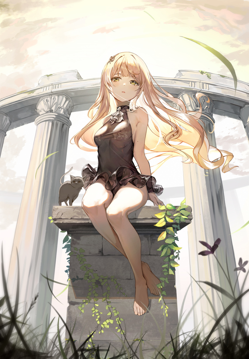 1girl absurdres ascot ballet_dress barefoot black_cat black_dress blonde_hair blush breasts cat collarbone column crossed_ankles dampi dot_nose dress floating_hair greek_toe highres leaf long_hair looking_at_viewer medium_breasts mole mole_on_arm mole_on_body mole_on_thigh original outdoors parted_lips pillar plant sideboob sidelocks sitting sky sleeveless sleeveless_dress solo taut_clothes taut_dress toes vines white_ascot wind yellow_eyes