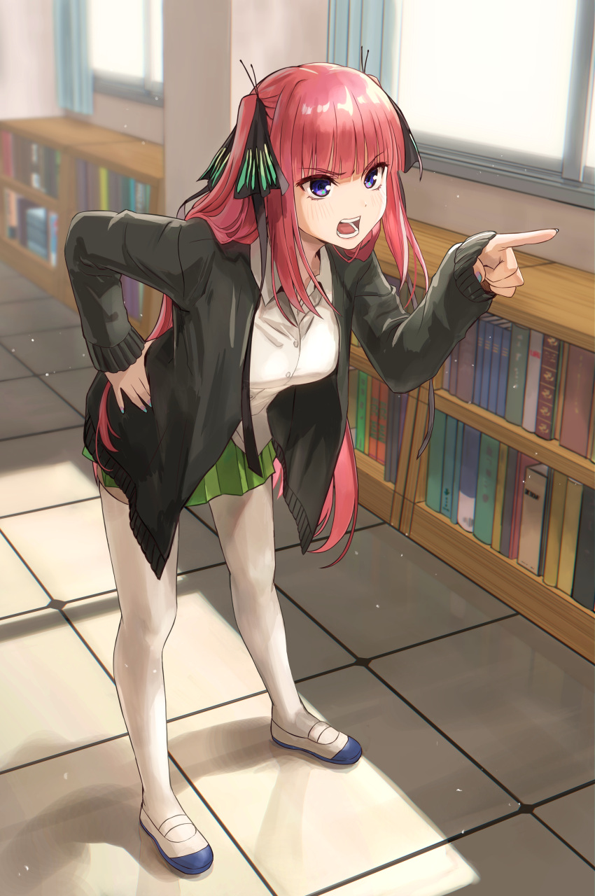 1girl absurdres black_cardigan black_ribbon blue_eyes blunt_bangs blush book bookshelf butterfly_hair_ornament cardigan collared_shirt commentary_request full_body go-toubun_no_hanayome green_skirt hair_ornament hair_ribbon hand_on_own_hip highres indoors ishiyuki jacket long_hair nakano_nino open_cardigan open_clothes open_jacket open_mouth pink_hair pleated_skirt pointing pointing_to_the_side revision ribbon school_uniform shirt shoes sidelocks skirt solo teeth thighhighs uwabaki white_shirt white_thighhighs window
