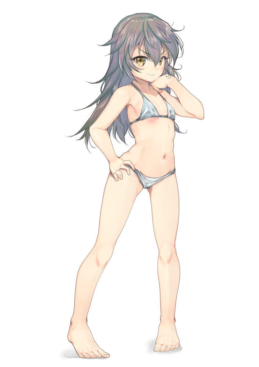 1girl absurdres alice_gear_aegis bikini brown_eyes flat_chest full_body gradient_hair hand_on_own_hip highres long_hair looking_at_viewer multicolored_hair navel shinonome_chie silver_bikini simple_background smile solo standing swimsuit white_background yashin_(yasinz)