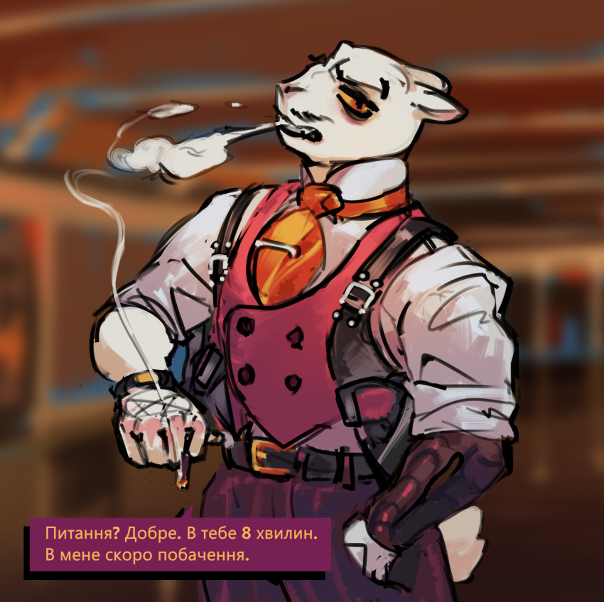 anthro cigarette clothed clothing ears_back facial_hair fully_clothed goa7boy hand_in_pocket hi_res lagomorph leporid male mammal mustache necktie pivoted_ears pockets rabbit russian_text scut_tail short_tail smoking smoking_cigarette solo tail text topwear vest vince_(goa7boy)