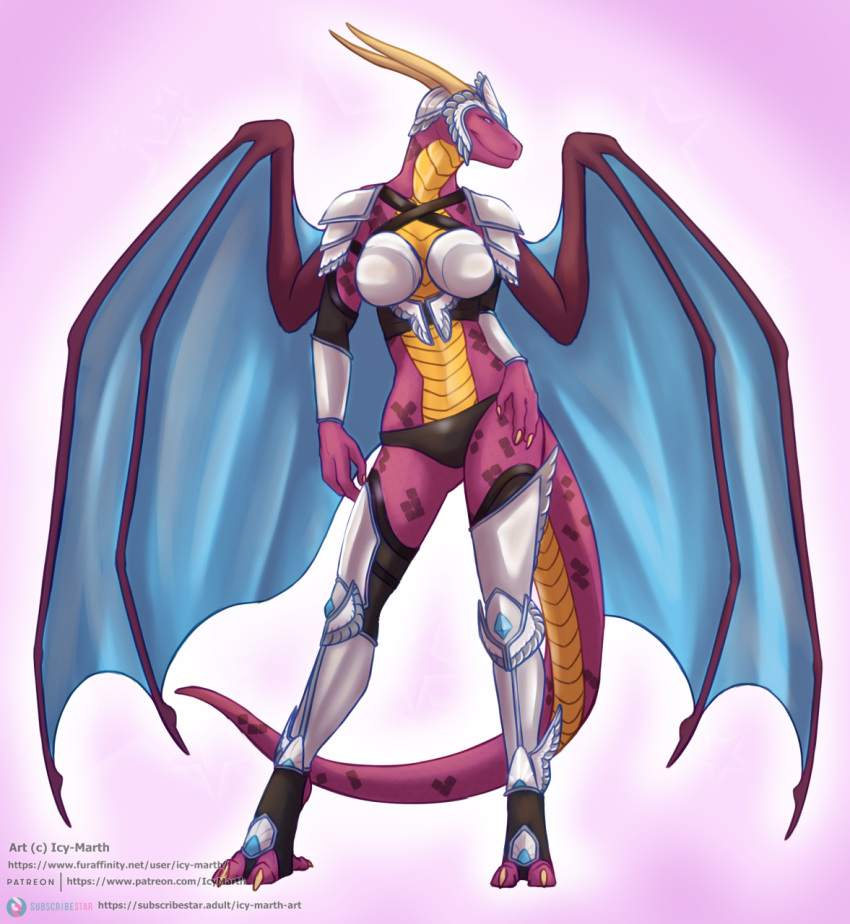 2022 2_horns 3_fingers 3_toes anthro armor artist_name belly_scales blue_eyes blue_membrane boob_armor bra bra_armor breast_armor brown_clothing brown_panties brown_underwear claws clothed clothing cuisse dragon feet female finger_claws fingers gradient_background hand_on_hip hi_res horn icy-marth inryatt legwear looking_at_viewer membrane_(anatomy) membranous_wings panties patreon_link pauldron pink_background purple_body purple_scales scales schynbalds simple_background skimpy smile solo standing stirrup_legwear subscribestar_link subscribestar_logo tail toe_claws toes unconvincing_armor underwear vambrace winged_helmet wings yellow_body yellow_claws yellow_horn yellow_scales