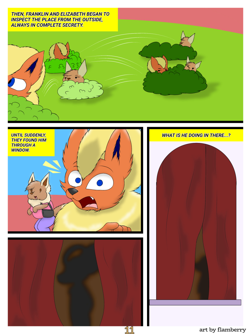 3:4 absurd_res anthro breasts brown_body brown_eyes canid canine clothing digital_drawing_(artwork) digital_media_(artwork) duo eevee eeveelution elizabeth_venizee english_text female flamberry_(artist) flareon franklin_flare fur generation_1_pokemon hair hi_res male mammal nintendo open_mouth pokemon pokemon_(species) shadow simple_background tail text window