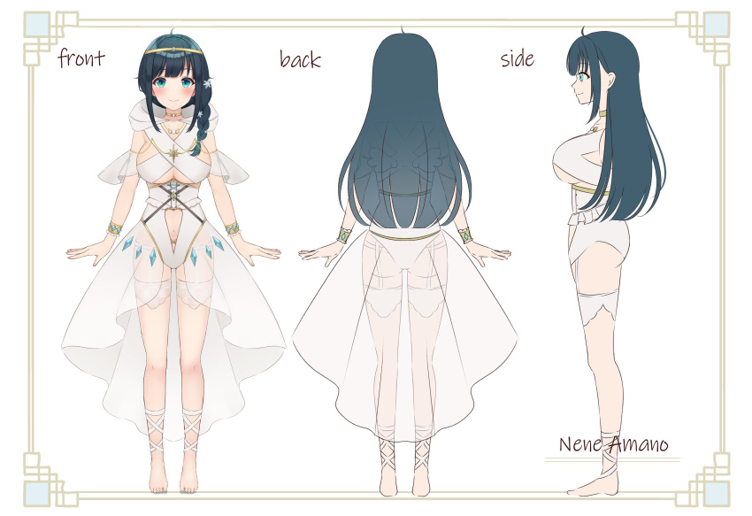 1girl absurdres amano_nene_(vtuber) amano_nene_(vtuber)_(5th_costume) arms_at_sides ass barefoot blue_hair bracelet braid breasts chain circlet clothing_cutout dark_blue_hair detached_sleeves flower frilled_sleeves frills from_behind from_side garter_straps gold_chain green_eyes hair_flower hair_ornament hair_over_shoulder high-low_skirt highleg highres hood hood_down jewelry large_breasts leg_ribbon long_hair looking_at_viewer multiple_views nail_polish navel_cutout neck_ring production_kawaii profile reference_sheet ribbon second-party_source see-through see-through_skirt see-through_sleeves side_braid sidelocks single_braid skirt sling_bikini_top smile toenail_polish toenails turnaround underboob underbust virtual_youtuber white_garter_straps white_skirt yukiunag1