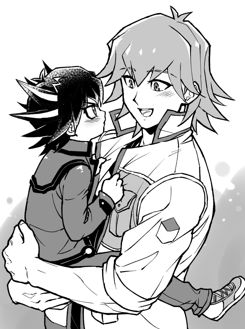 2boys absurdres age_difference aged_down black_hair blush bruno_(yu-gi-oh!) carrying carrying_person child clothes_grab commentary_request embarrassed fudou_yuusei greyscale high_collar highres holding jacket male_focus monochrome multicolored_hair multiple_boys open_clothes open_jacket open_mouth pants screentones shirt shoes short_hair sleeves_rolled_up smile sneakers spiked_hair standing streaked_hair youko-shima yu-gi-oh! yu-gi-oh!_5d's