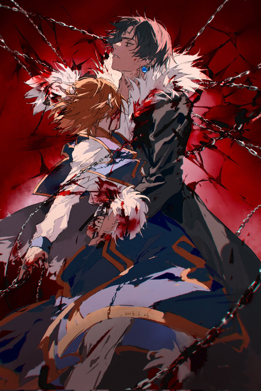 2boys black_eyes black_hair blonde_hair blood blood_on_clothes blood_on_face blood_on_hands blood_on_leg chain chrollo_lucilfer coat earrings fur-trimmed_coat fur_trim highres holding hunter_x_hunter injury jewelry kurapika mei_ren multiple_boys multiple_rings pants parted_bangs parted_lips ring short_hair standing white_pants