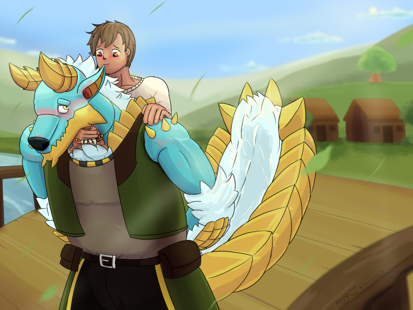 anjydrawslewd anthro belt blush bridge capcom carrying clothing duo fan_character fanged_wyvern hi_res horn jin_(higlafavtfom) male male/male monster_hunter muscular piggyback pouches shy topwear vest village wyverian zinogre