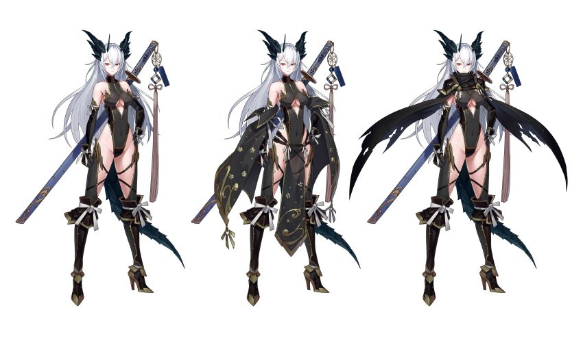 1girl absurdres armor boots borrowed_character cape commission covered_navel elbow_gloves expressionless full_body gloves hand_on_own_hip high_heel_boots high_heels highres horns long_hair looking_at_viewer mytea_(soso) original pelvic_curtain red_eyes reference_sheet see-through shoulder_armor skeb_commission standing sword tail torn_cape torn_clothes weapon weapon_on_back white_background white_hair