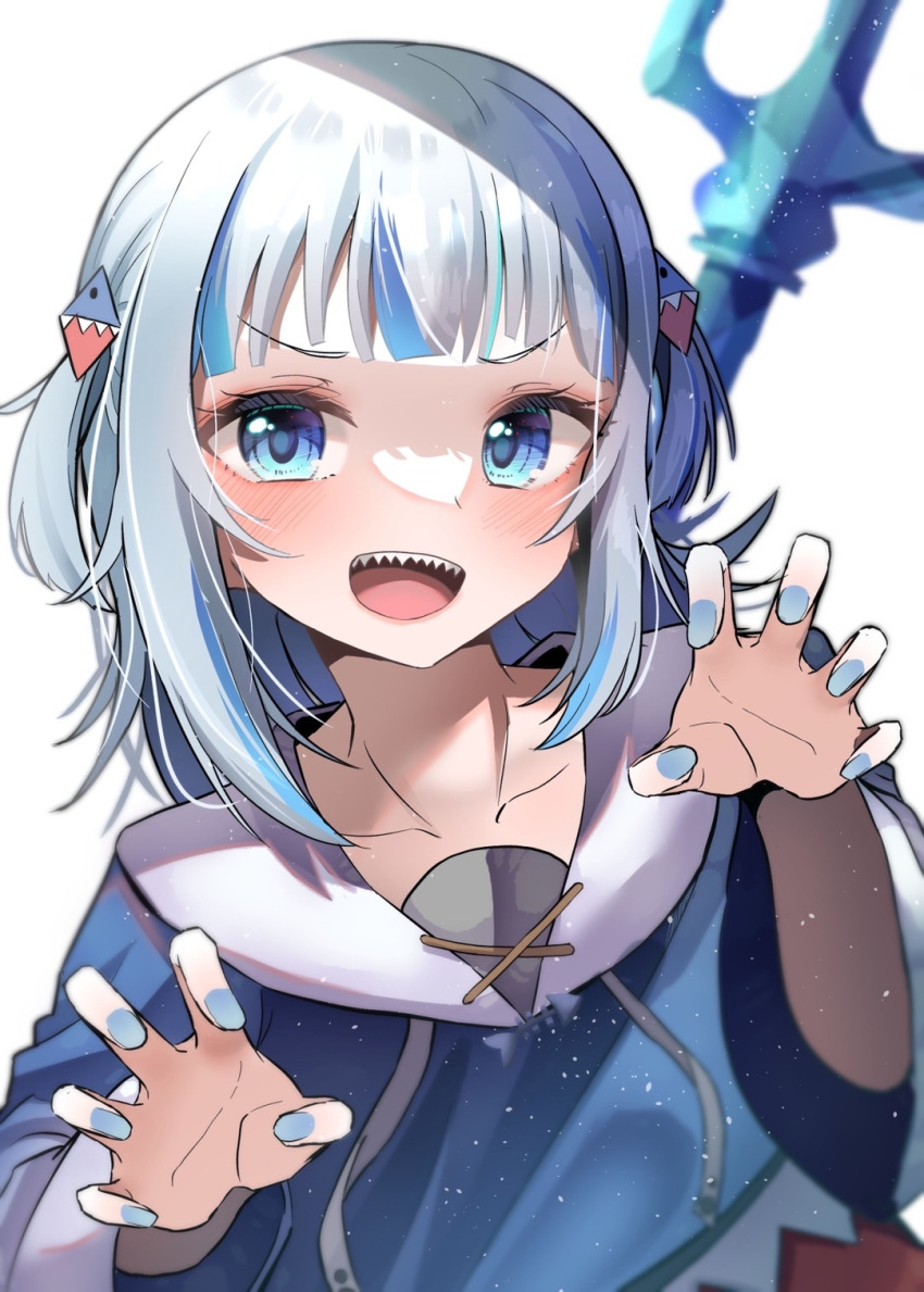 1girl animal_costume blue_eyes blue_hair blue_hoodie blue_nails blunt_bangs blush claw_pose gawr_gura gawr_gura_(1st_costume) grey_hair hair_ornament highres hololive hololive_english hood hoodie kimura_mitsuki looking_at_viewer medium_hair multicolored_hair nail_polish open_mouth polearm shark_costume shark_hair_ornament sharp_teeth sidelocks smile solo streaked_hair teeth trident two_side_up upper_teeth_only virtual_youtuber weapon weapon_on_back white_background