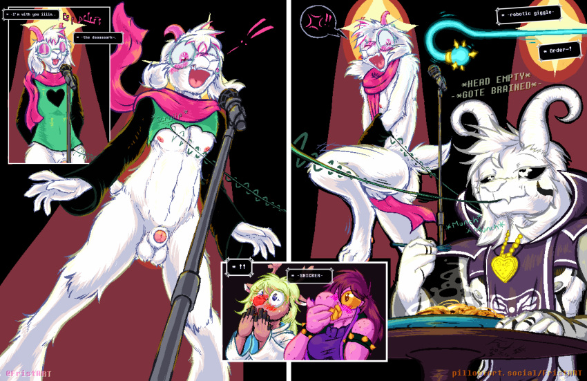 aged_up angry animal_genitalia asriel_dreemurr assisted_exposure balls blush boss_monster bovid caprine clothing clothing_destruction comic covering covering_crotch deltarune eating_clothing embarrassed enm exposed eyewear food frist44 genitals glasses goat hi_res locket mammal microphone microphone_stand naked_in_front_of_girls navel nipples noelle_holiday offscreen_character pasta penis public public_nudity ralsei_(deltarune) robe scarf sheath singing spaghetti surprise susie_(deltarune) undertale undertale_(series) unravelling_clothing unravelling_thread vaudeville_cane whip