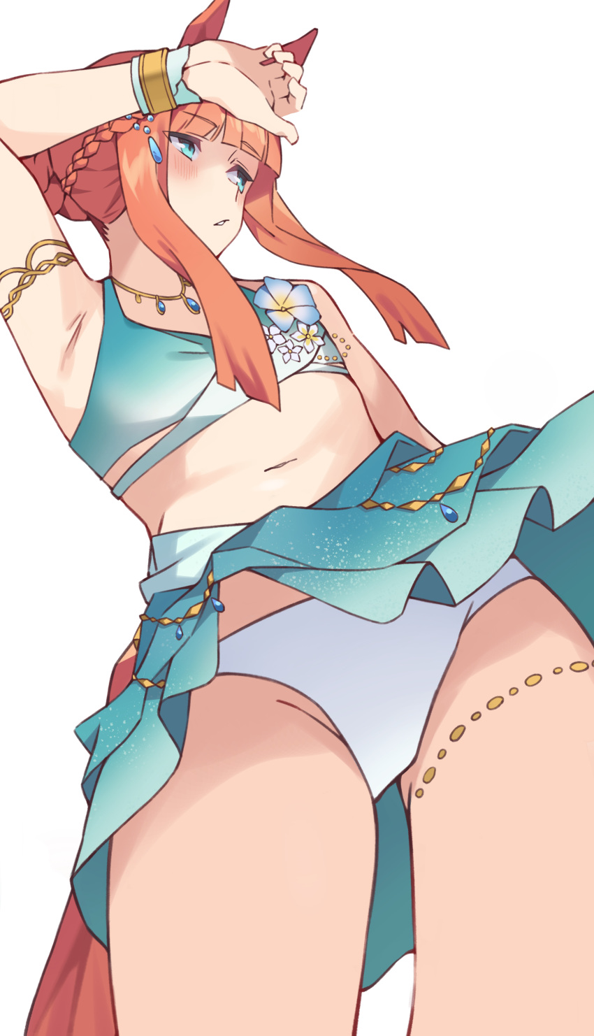 1girl absurdres animal_ears arm_up armlet armpits bare_shoulders bikini blue_eyes blunt_bangs blush bracelet breasts commentary_request cowboy_shot from_below highres horse_ears horse_girl horse_tail jewelry long_hair looking_to_the_side midriff navel orange_hair parted_lips pirukusu sarong silence_suzuka_(umamusume) simple_background small_breasts solo standing stomach swimsuit swimsuit_skirt tail thighs umamusume white_background white_bikini