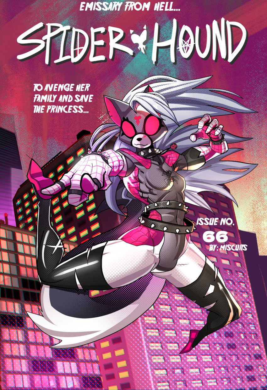 4_fingers abs absurd_res anthro belt biceps black_clothing black_legwear black_nose black_stockings bodysuit bracelet breasts canid canid_demon canine canis city city_background cityscape clothed clothing collar comic_book comic_book_cover crossover demon detailed_background digital_media_(artwork) ear_piercing english_text female fingers footwear fur gloves hair handwear hellhound helluva_boss hi_res jewelry legwear long_hair loona_(helluva_boss) mammal marvel mask miscuitsxd outside piercing shoes skinsuit sky slightly_muscular solo spider-gwen spider-man_(series) spiked_belt spiked_bracelet spiked_collar spikes spread_legs spreading stockings tail text thigh_highs tight_clothing torn_clothing torn_legwear torn_stockings white_body white_fur wolf