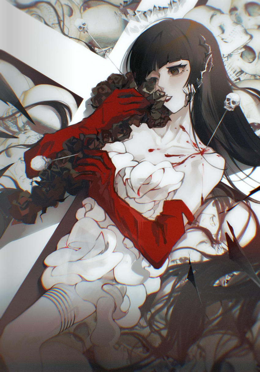 1girl :d ahoge arknights bare_shoulders black-eyes black_flower black_hair black_halo black_rose black_wings bleeding blood blood_on_chest blood_on_clothes blunt_bangs bone breasts broken_halo chinese_commentary chromatic_aberration cleavage collarbone commentary_request cutout dark_halo detached_sleeves detached_wings dress elbow_gloves energy_wings facing_viewer floral_dress flower glove_cutout gloves halo highres hime_cut holding holding_flower lipstick long_hair long_sleeves longinusindream looking_at_object lying makeup medium_breasts mole mole_under_eye muted_color needle off_shoulder on_back pale_skin pile_of_skulls red_gloves red_lips rose shadow sidelocks skeleton skull smile solo strapless strapless_dress thighhighs very_long_hair virtuosa_(arknights) white_dress white_thighhighs wings