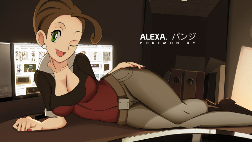 1girl alexa_(pokemon) breasts brown_hair brown_pants cleavage collarbone collared_shirt earrings foot_out_of_frame green_eyes hand_on_own_hip highres jewelry legs multicolored_hair one_eye_closed pants pink_nails pokemon pokemon_(game) pokemon_xy shirt short_sleeves streaked_hair vivivoovoo