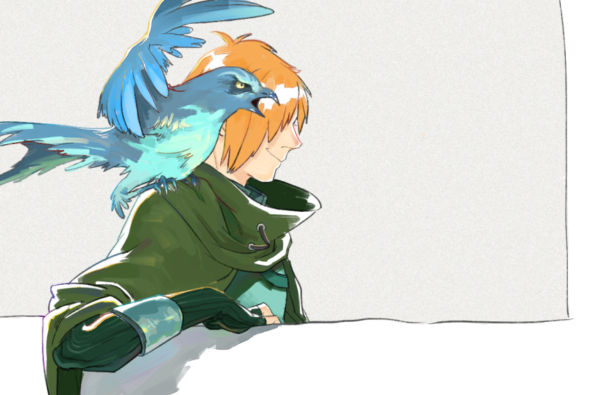 1boy animal_on_shoulder bird bird_on_shoulder blue_bird cloak fate/grand_order fate_(series) fingerless_gloves gloves green_cloak hair_over_one_eye hood hooded_cloak male_focus mori_(sen) open_mouth orange_hair robin_hood_(fate) short_hair smile solo yellow_eyes