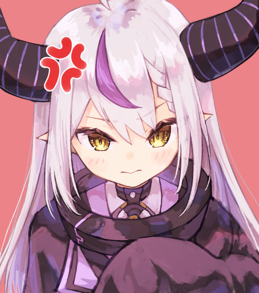 1girl anger_vein black_horns braid braided_bangs collar grey_hair highres hololive horns metal_collar multicolored_hair pointy_ears purple_hair solo sorainu1211eaka streaked_hair striped_horns yellow_eyes