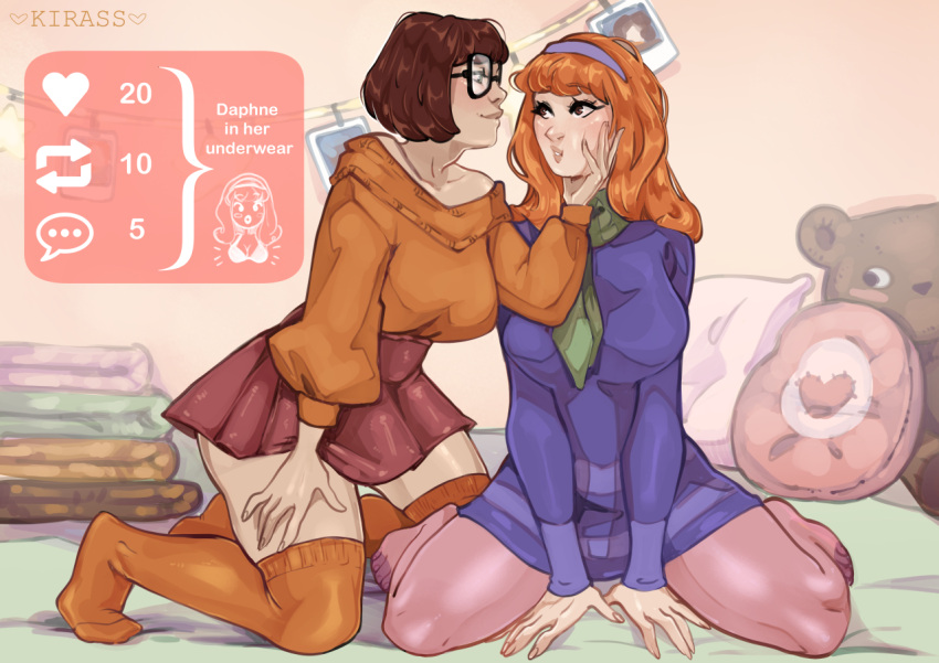 2girls brown_hair cheek_squash daphne_ann_blake english_text glasses hairband hand_on_own_face kirass3 like_and_retweet looking_at_another meme multiple_girls orange_hair orange_sweater orange_thighhighs pantyhose pillow purple_pantyhose scooby-doo sitting skirt sweater thighhighs twitter_strip_game_(meme) velma_dace_dinkley wariza yuri