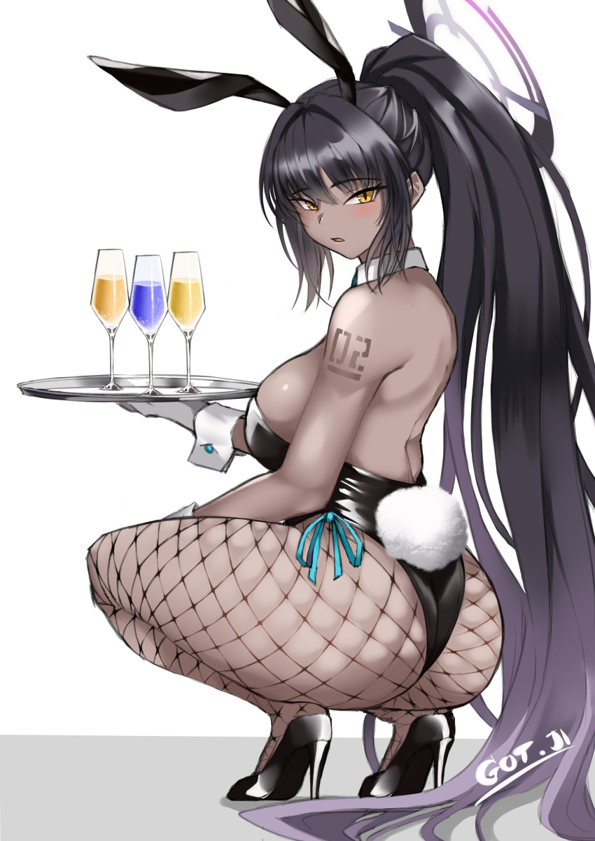 1girl absurdres animal_ears aqua_ribbon artist_name ass bare_shoulders black_footwear black_hair black_leotard blue_archive blush breasts cup dark-skinned_female dark_skin detached_collar drinking_glass fake_animal_ears fake_tail fishnet_pantyhose fishnets from_side gloves got_ji_(gojich1) gradient_hair halo high_heels high_ponytail highleg highleg_leotard highres holding holding_plate karin_(blue_archive) karin_(bunny)_(blue_archive) large_breasts leotard long_hair looking_at_viewer looking_back multicolored_hair number_tattoo official_alternate_costume open_mouth pantyhose plate playboy_bunny ponytail purple_hair rabbit_ears rabbit_tail ribbon shoulder_tattoo sideboob simple_background smile solo squatting tail tattoo two-tone_hair very_long_hair white_background white_gloves wrist_cuffs yellow_eyes