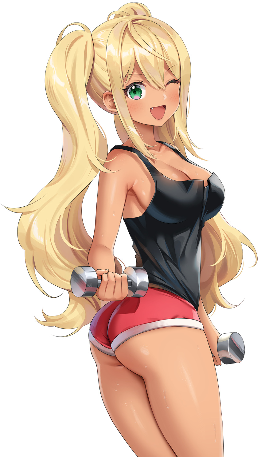 1girl ;d armpits ass bare_arms bare_shoulders black_shirt blonde_hair breasts cleavage cowboy_shot dark-skinned_female dark_skin dumbbell dumbbell_nan_kilo_moteru? fang green_eyes highres holding long_hair looking_at_viewer looking_back medium_breasts micro_shorts nami_(nyaa) one_eye_closed open_mouth red_shorts sakura_hibiki shirt shorts sidelocks simple_background sleeveless sleeveless_shirt smile solo thighs twintails twisted_torso very_long_hair wavy_hair white_background