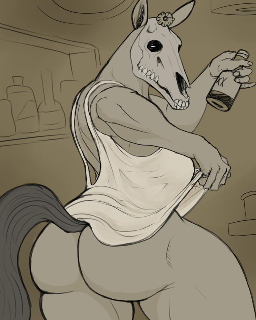 alcohol anthro beverage big_breasts bone bottle breasts butt clothed clothing clothing_lift container digital_media_(artwork) dress equid equine female fingers flower fur grey_body grey_fur hi_res holding_beverage holding_bottle holding_clothing holding_container holding_object horse looking_back mammal plant rear_view skull skull_head snakedakyoot solo tail teeth undead