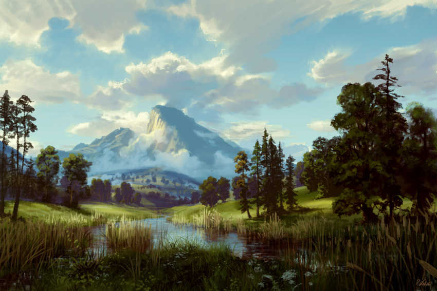 absurdres cloud cloudy_sky day flower grass highres hill landscape mountain mountainous_horizon nature no_humans original outdoors philipp_urlich pine_tree plant reflection reflective_water river riverbank scenery shade shallow_water sky sunlight tree tree_shade water