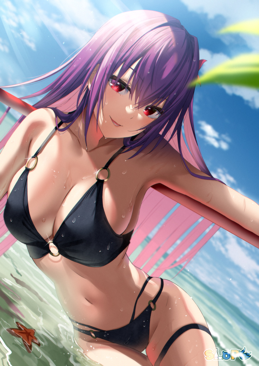 1girl absurdres beach bikini black_bikini blue_sky blurry blurry_foreground breasts cleavage cloud collarbone colored_inner_hair day fate/grand_order fate_(series) flower hair_between_eyes hair_flower hair_ornament highres large_breasts long_hair looking_at_viewer multi-strapped_bikini multicolored_hair navel o-ring o-ring_bikini open_mouth outdoors pink_hair purple_lips red_eyes red_flower scathach_(fate) scathach_(swimsuit_assassin)_(fate) skindentation sky slope_(check238) solo straight_hair summer sunlight swimsuit thigh_gap thigh_strap two-tone_hair very_long_hair