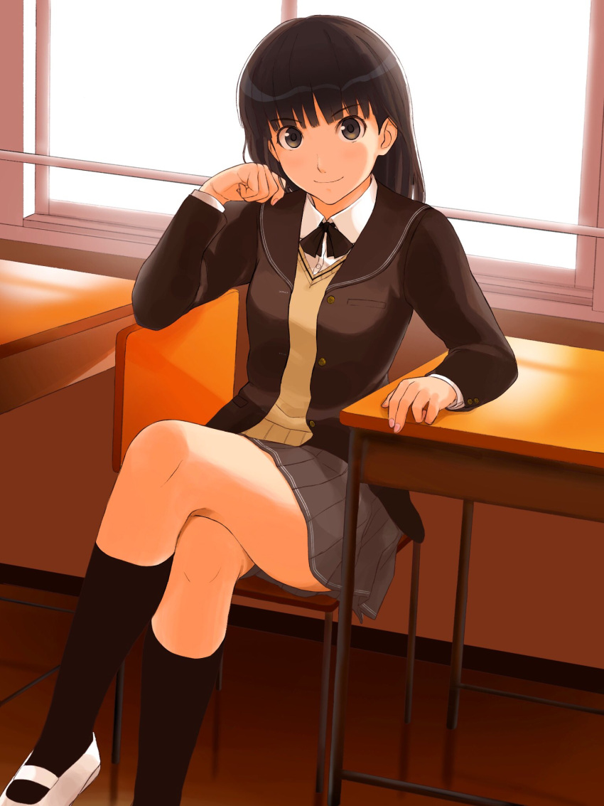 1girl amagami arm_support ayatsuji_tsukasa black_eyes black_hair black_jacket black_ribbon black_sailor_collar black_socks blazer blunt_bangs chair classroom clenched_hand closed_mouth collared_shirt crossed_legs desk feet_out_of_frame grey_skirt hand_up highres indoors jacket kibito_high_school_uniform kneehighs loafers long_hair long_sleeves looking_at_viewer neck_ribbon on_chair open_clothes open_jacket pink_nails pleated_skirt ribbon sailor_collar school_chair school_desk school_uniform shirt shoes sitting skirt socks solo straight_hair sweater_vest takenoko_saba_otto thighs white_footwear white_shirt window yellow_sweater_vest