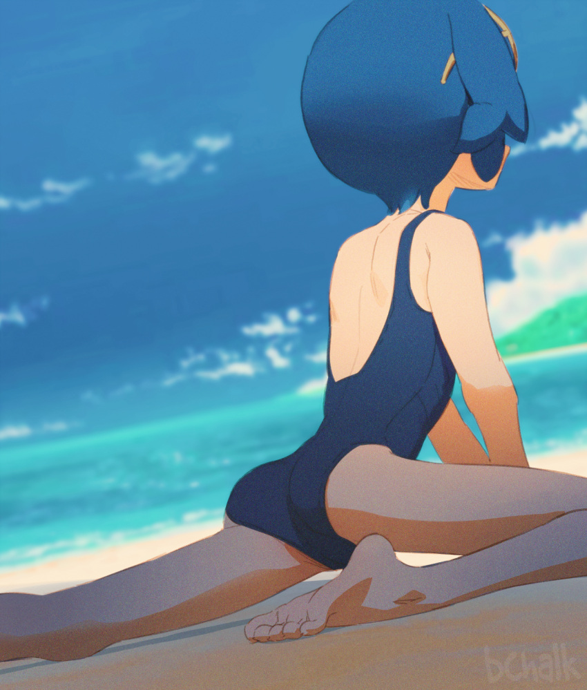 1girl artist_name ass back barefoot beach blue_hair blue_one-piece_swimsuit blue_sky blurry blurry_background butterchalk cloud commentary day english_commentary from_behind highres lana_(pokemon) ocean one-piece_swimsuit outdoors pokemon pokemon_(game) pokemon_sm short_hair sky soles solo swimsuit toes