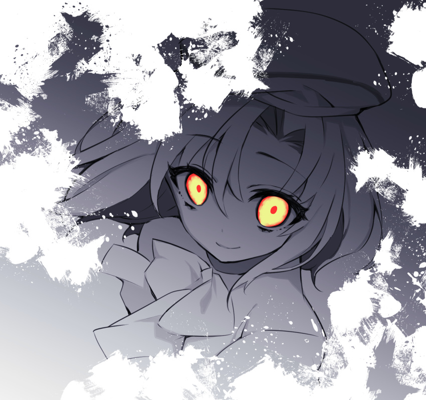 1girl beret bow close-up closed_mouth commentary_request crazy_eyes crazy_smile eyelashes eyes_visible_through_hair floating_hair from_above glowing glowing_eyes grey_background greyscale hair_between_eyes hat highres higurashi_no_naku_koro_ni higurashi_no_naku_koro_ni_mei looking_at_viewer monochrome orange_eyes paint_splatter partial_commentary ryuuguu_rena short_hair simple_background smile solo suzuragi_karin white_paint
