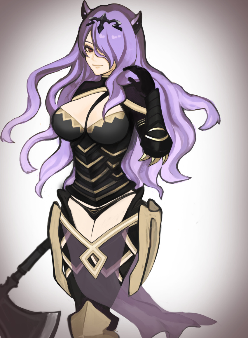 1girl absurdres axe black_panties black_tiara breasts camilla_(fire_emblem) cleavage closed_mouth fire_emblem fire_emblem_fates hair_over_one_eye highres holding holding_axe kumo_(sopurano_22) large_breasts panties purple_eyes purple_hair solo underwear