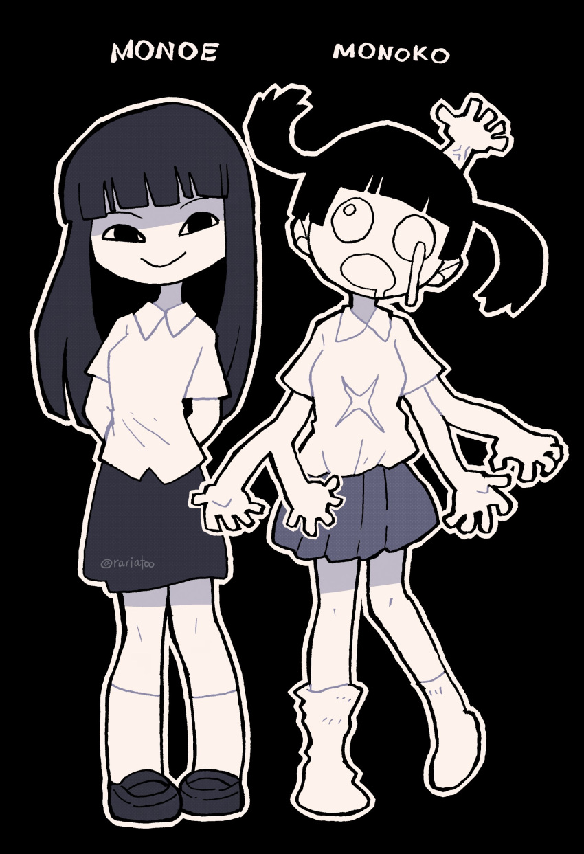 2girls absurdres arms_behind_back black_background black_eyes black_hair blunt_bangs character_name closed_mouth collared_shirt commentary dripping_eye drooling extra_arms floating_hair full_body head_tilt highres kneehighs lazy_eye limited_palette lineup loafers long_hair looking_at_viewer monoe monoko mouth_drool multiple_girls no_pupils no_shoes open_mouth outline pleated_skirt purple_skirt rariatto_(ganguri) shirt shoes short_hair short_sleeves simple_background single_loose_sock skirt smile socks straight-on twintails white_eyes white_outline yume_nikki