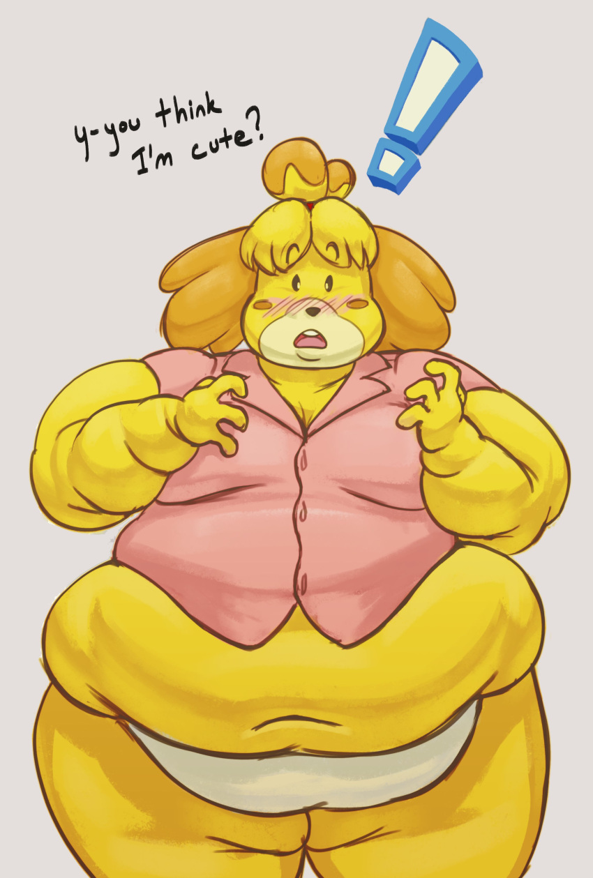 absurd_res animal_crossing anthro blonde_hair blush breasts buckteeth canid canine canis clothed clothing domestic_dog english_text exclamation_point fat_arms female flustered fur hair hi_res isabelle_(animal_crossing) love_handles mammal navel nintendo obese obese_anthro obese_female open_mouth overweight overweight_anthro overweight_female panties seatbelt_(artist) shih_tzu simple_background solo teeth text toy_dog underwear yellow_body yellow_fur