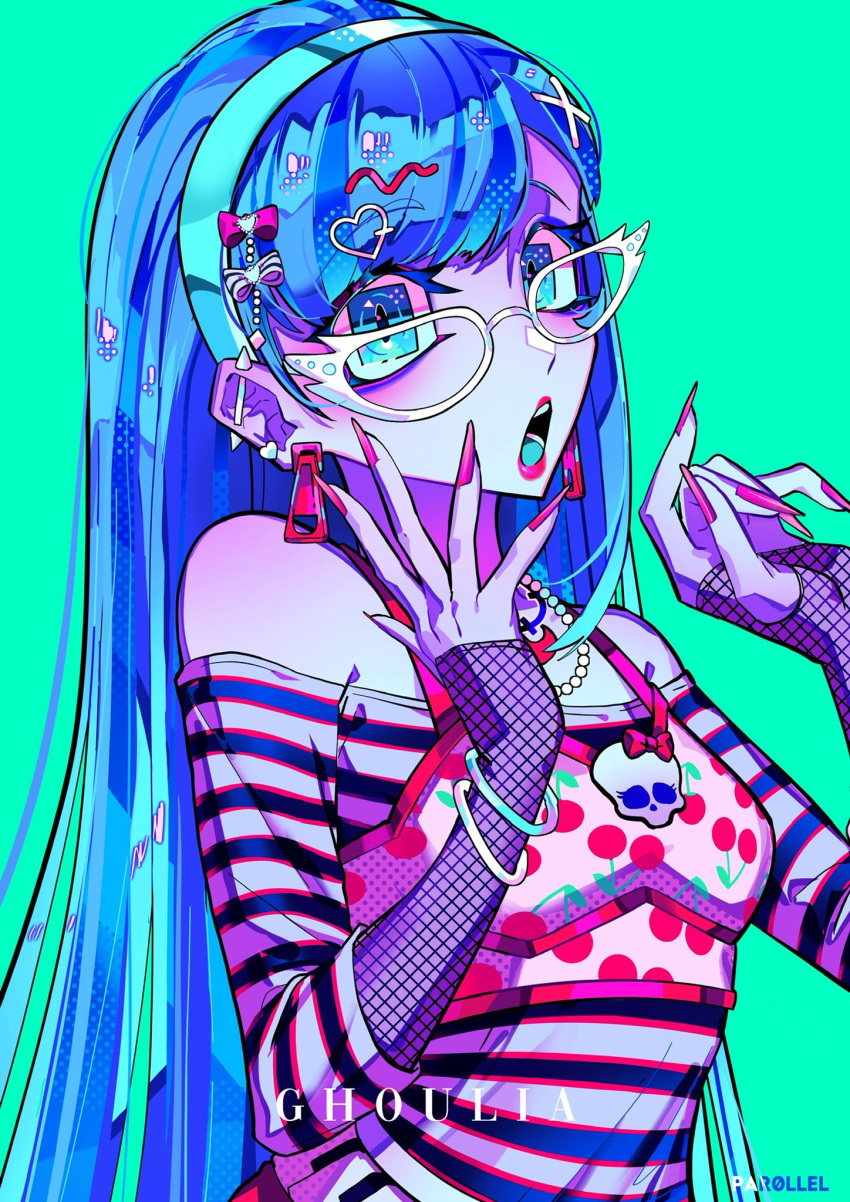 1girl bead_necklace beads blue_background blue_eyes blue_hair blue_headband bracelet colored_skin ghoulia_yelps glasses grey_skin headband highres jewelry long_hair monster_high necklace off_shoulder open_mouth par0llel pink_lips solo white-framed_eyewear zipper_earrings