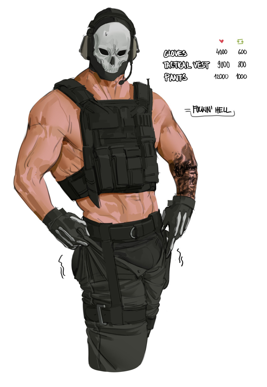 1boy absurdres arm_tattoo belt black_belt black_gloves black_male_underwear black_pants bulletproof_vest call_of_duty call_of_duty:_modern_warfare_2 english_text ghost_(modern_warfare_2) gloves highres iba_(kcokaine) like_and_retweet male_focus male_underwear male_underwear_peek mask meme muscular muscular_male pants simple_background skull_mask solo tattoo twitter_strip_game_(meme) underwear white_background