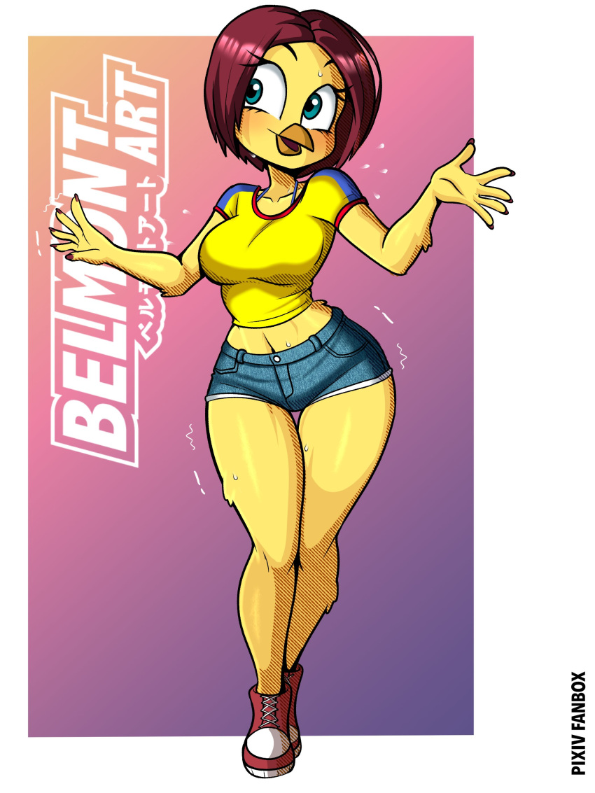 absurd_res anthro avian beak belmont_art1 bird blue_eyes blush bodily_fluids bottomwear breasts chicken clothing female galliform gallus_(genus) hair hi_res hotpants phasianid red_hair regue_chicken shorts solo sweat sweatdrop thick_thighs violeta_herrera yellow_body