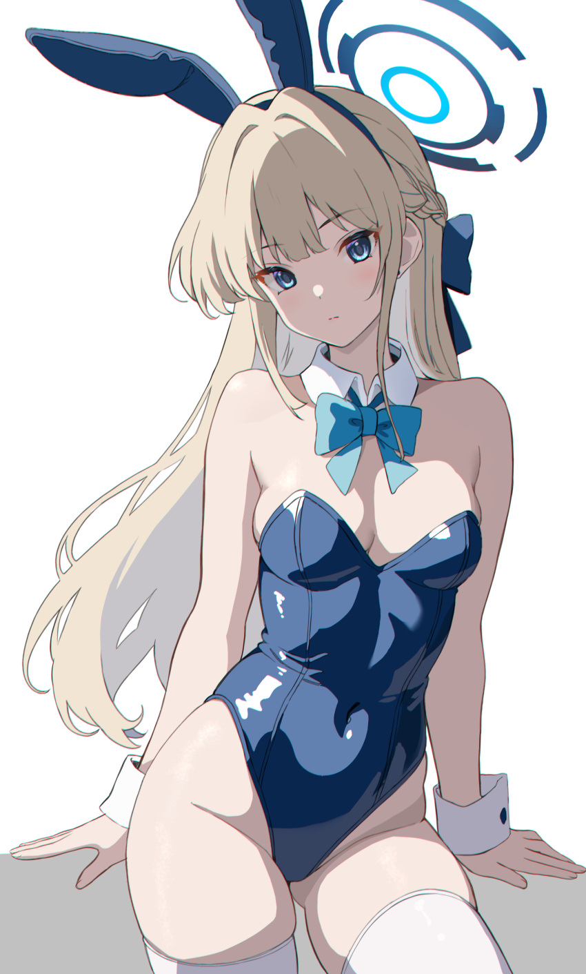 1girl absurdres akagi_koku animal_ears blonde_hair blue_archive blue_bow blue_bowtie blue_eyes blue_hair blue_halo blue_leotard blush bow bowtie braid breasts closed_mouth colored_inner_hair commentary cowboy_shot detached_collar fake_animal_ears groin halo highres leotard long_hair looking_at_viewer medium_breasts multicolored_hair official_alternate_costume rabbit_ears simple_background solo strapless strapless_leotard streaked_hair thighhighs toki_(blue_archive) toki_(bunny)_(blue_archive) white_background white_thighhighs wrist_cuffs