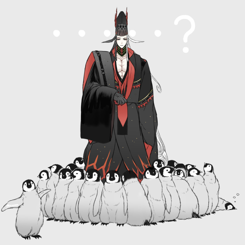 ...? 1boy ashiya_douman_(fate) ashiya_douman_(third_ascension)_(fate) baby_penguin bird black_hair commentary_request fate/grand_order fate_(series) hat japanese_clothes kinuttta male_focus multicolored_hair pectoral_cleavage pectorals penguin pointing pointing_at_another sidelocks simple_background sleeping white_hair