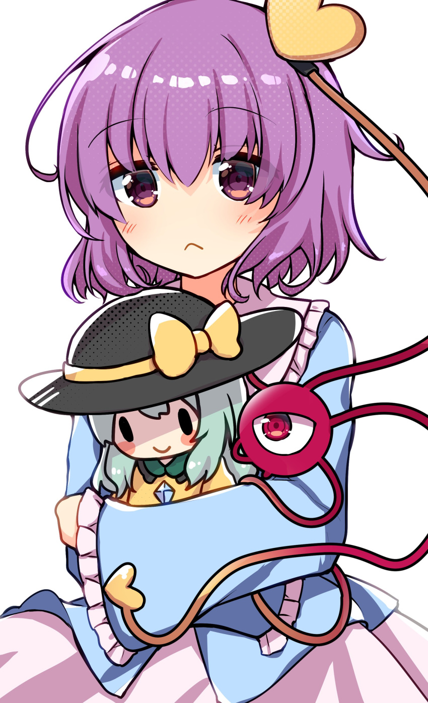 1girl absurdres black_headwear blue_jacket green_hair heart highres jacket komeiji_koishi komeiji_satori looking_at_viewer one-hour_drawing_challenge pink_skirt purple_eyes purple_hair rpameri skirt smile stuffed_toy touhou white_background yellow_jacket