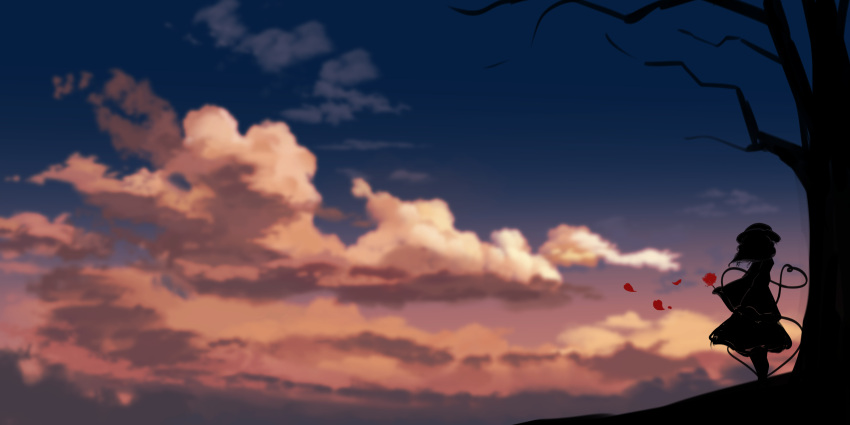 1girl absurdres bare_tree blue_sky branch cloud cloudy_sky day highres inoshin_(inixia1748) komeiji_koishi leaf scenery silhouette sky solo touhou tree white_sky