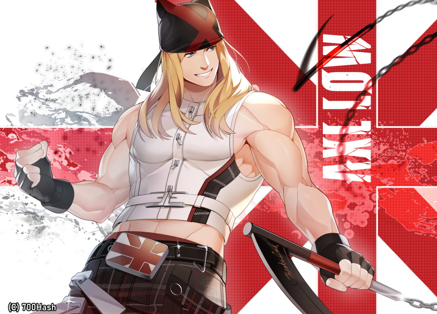 1boy 700hash absurdres axl_low bandana black_gloves blonde_hair blue_eyes fingerless_gloves gloves guilty_gear guilty_gear_strive highres kama_(weapon) kusarigama long_hair looking_to_the_side male_focus muscular muscular_male sickle union_jack upper_body weapon