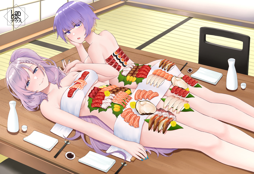 2girls blonde_hair blush bottle braid braided_bangs breasts choko_(cup) colored_inner_hair cup fish_(food) food gradient_hair grey_hair hair_between_eyes hololive hololive_indonesia landacdeus large_breasts legs long_hair looking_at_viewer lying moona_hoshinova multicolored_hair multiple_girls nail_polish on_back on_stomach open_mouth pavolia_reine purple_eyes purple_hair sake_bottle short_hair smile sushi thighs two-tone_hair virtual_youtuber