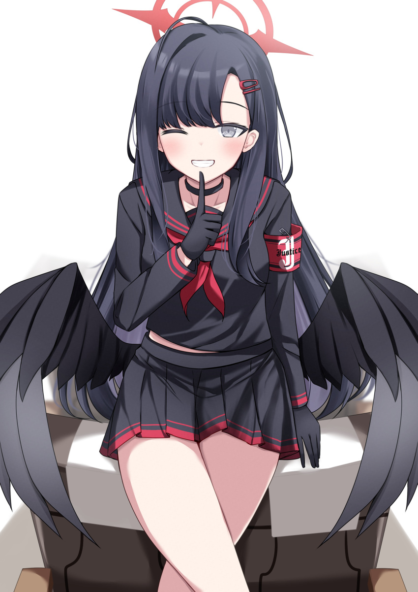 1girl absurdres armband black_choker black_gloves black_hair black_sailor_collar black_serafuku black_skirt blue_archive blush choker gloves grey_eyes grin hair_ornament hairclip halo highres ichika_(blue_archive) kamesys long_hair neckerchief one_eye_closed pleated_skirt red_armband red_halo red_neckerchief safety_pin sailor_collar school_uniform serafuku skirt smile solo